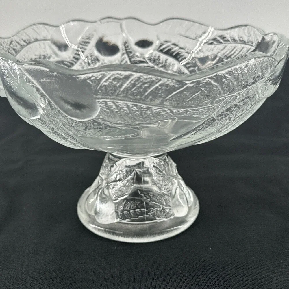 Pedestal Fruit Bowl Pear Leaf Design Vintage 80s Teleflora‎ Pressed Glass 7.5